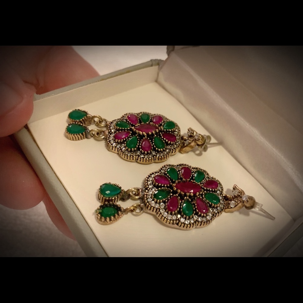 Ruby Emerald Dangle Earrings Solid 925 Silver/Gold - image 8